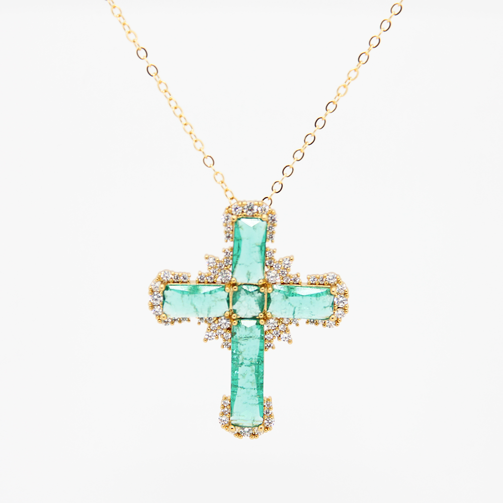 "Frozen Angel" Ice-Cracked Cross Pendant Necklace – Dazzling Turquoise Colour & Diamond Detailing with Gold Chain | Statement Jewellery for Bold Soul