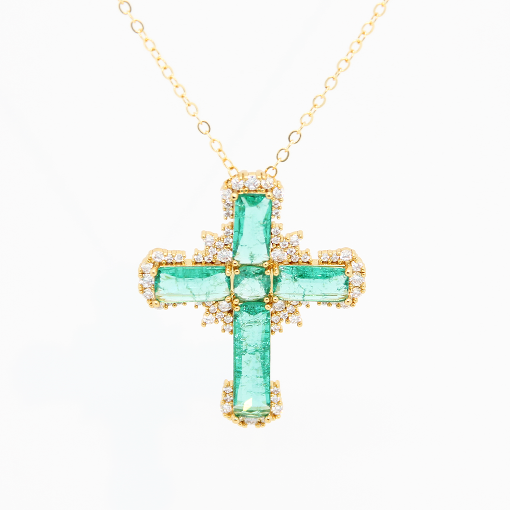 "Frozen Angel" Ice-Cracked Cross Pendant Necklace – Dazzling Turquoise Colour & Diamond Detailing with Gold Chain | Statement Jewellery for Bold Soul