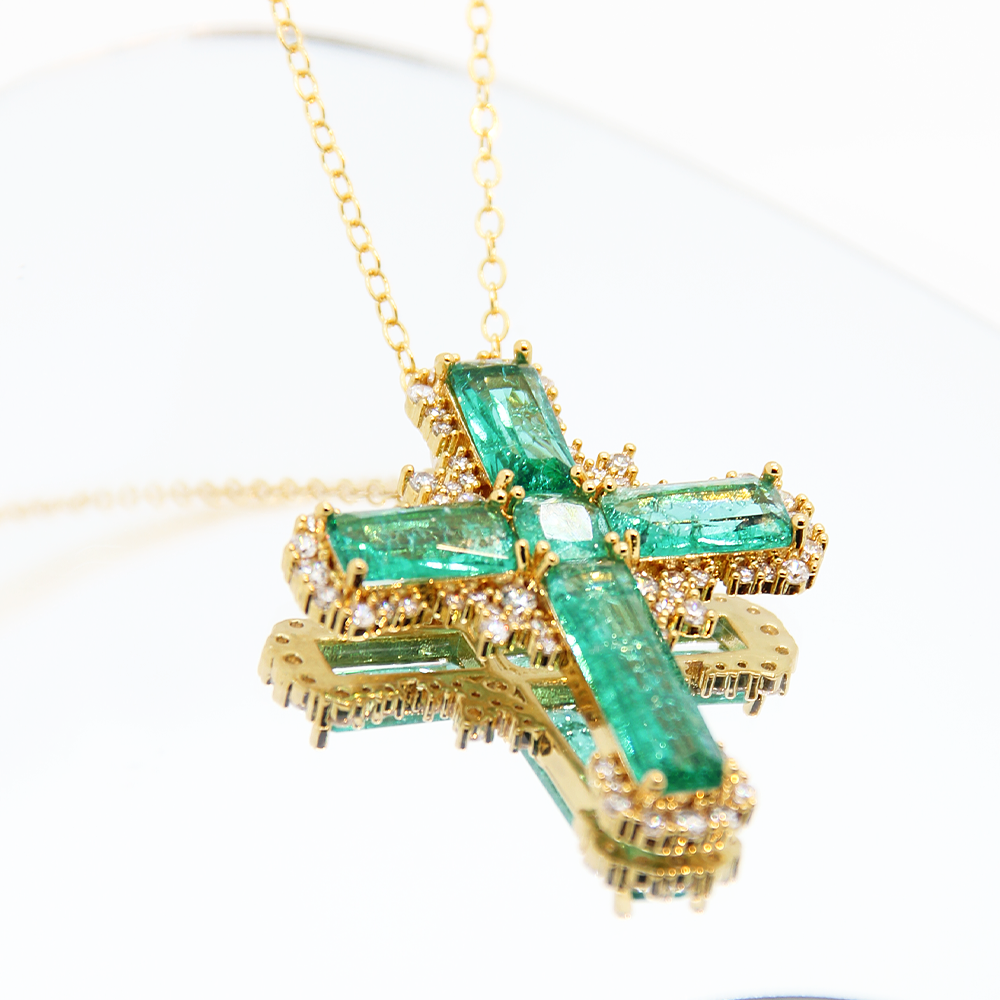"Frozen Angel" Ice-Cracked Cross Pendant Necklace – Dazzling Turquoise Colour & Diamond Detailing with Gold Chain | Statement Jewellery for Bold Soul