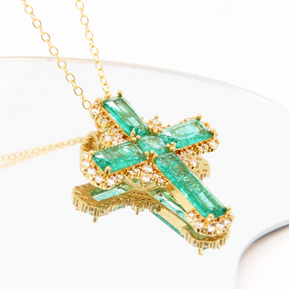 "Frozen Angel" Ice-Cracked Cross Pendant Necklace – Dazzling Turquoise Colour & Diamond Detailing with Gold Chain | Statement Jewellery for Bold Soul