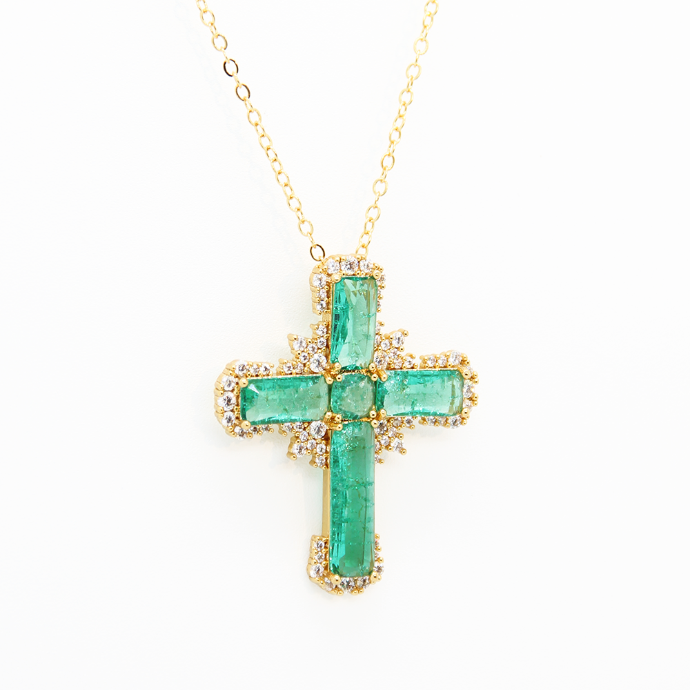 "Frozen Angel" Ice-Cracked Cross Pendant Necklace – Dazzling Turquoise Colour & Diamond Detailing with Gold Chain | Statement Jewellery for Bold Soul