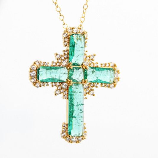 "Frozen Angel" Ice-Cracked Cross Pendant Necklace – Dazzling Turquoise Colour & Diamond Detailing with Gold Chain | Statement Jewellery for Bold Soul