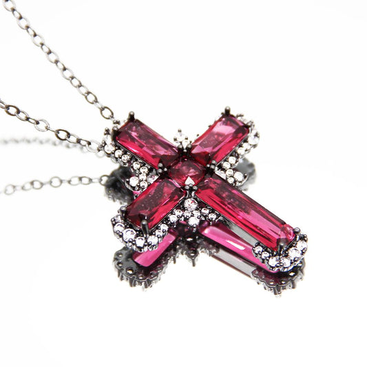 "Ruby Radiance" Red Cross Necklace – Rich Red Ruby Colour Zircon with Silver Highlights | The Perfect Statement Piece for Every Look