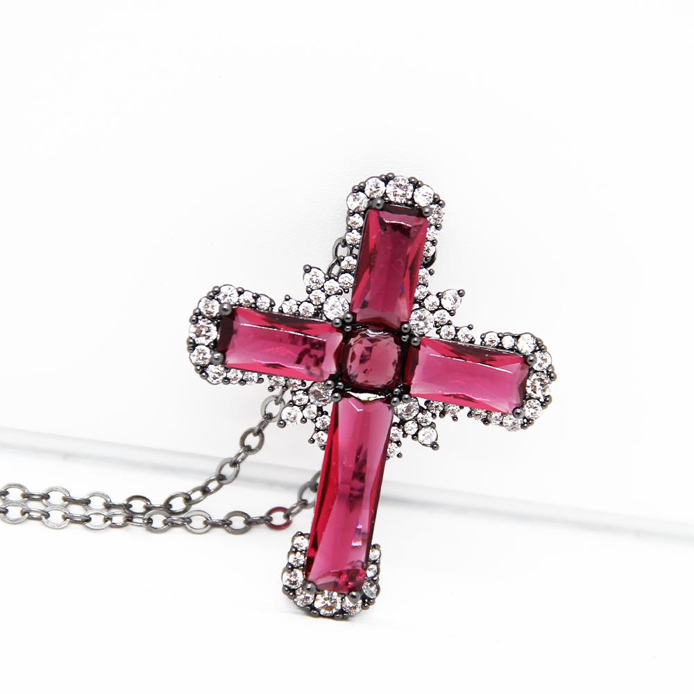 "Ruby Radiance" Red Cross Necklace – Rich Red Ruby Colour Zircon with Silver Highlights | The Perfect Statement Piece for Every Look